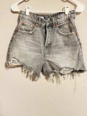 Zara Washed Gray High-Rise Distressed Denim Shorts